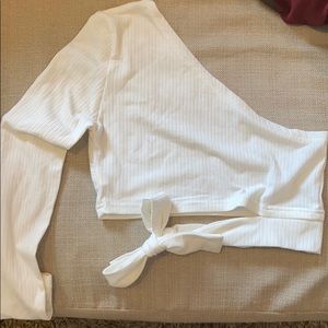 long sleeve one shoulder white crop top